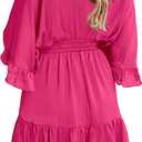 Aoysky Womens V Neck Casual Dresses Summer Loose High Waist Ruffle Pleated Cute Mini Short Dress (Pink, XL)