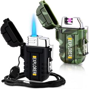 2 Pack Waterproof Lighter Outdoor Windproof Torch Lighters Dual Arc Butane Electric Lighters USB Rechargeable Lighters Flameless Plasma Lighter Camping Hiking Adventure Survival Tactical Gear (Camouflage+black)