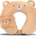 Kids Neck Pillow for Travel with Sleep Eye Mask, Cute Travel Neck Pillow, Memory Foam Flight Sleeping Headrest Pillow for Boys & Girls, Airplane, Train, Car, Home Use - Brown Bear