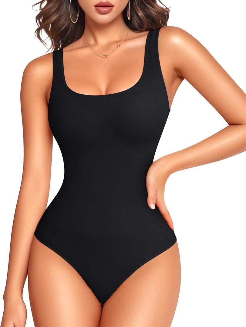 LODAY Bodysuits for Women Scoop Neck Body Suits Sleeveless Double Lined Bodysuit Tank Top (Small, Black)