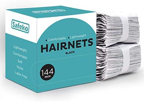 SAFEKO Hair Nets 144 PCS, Individually Wrapped, Lightweight Nylon Hairnets, Latex-Free | Black, Large (24")