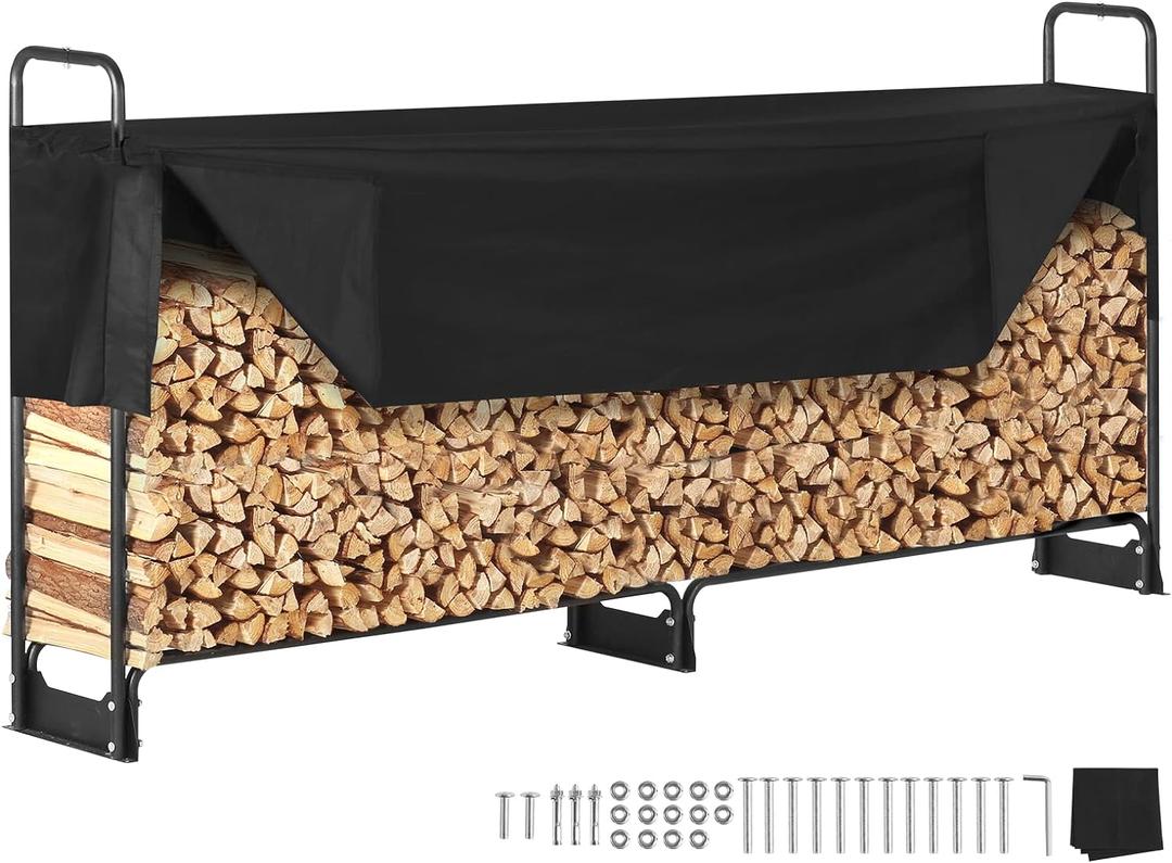 VEVOR 8.5FT Outdoor Firewood Rack with Cover, 102x14.2x46.1 in, Heavy Duty Firewood Holder & 600D Oxford Waterproof Cover for Fireplace, Patio, Indoor/Outdoor Log Storage Rack for 1/2 Cord of Firewood