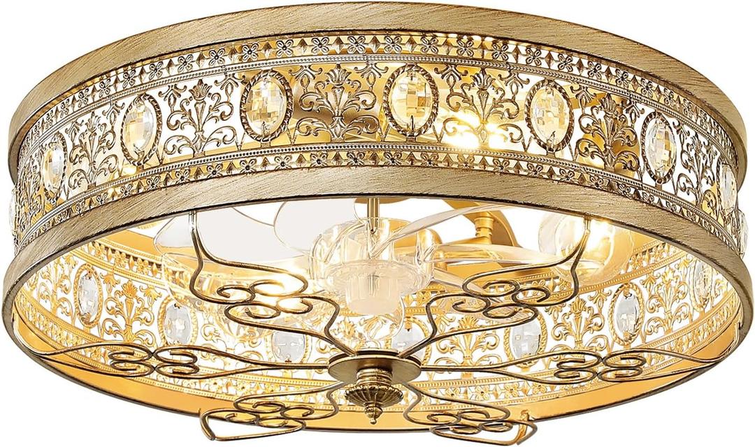 19" Flush Mount Caged Ceiling Fan with Light, Vintage Rustic Crystal Fandelier, Low Profile Ceiling Fans with Lights and Remote, 6 Speed Reversible for Bedroom Living Room Dining Room, 19.3 inch