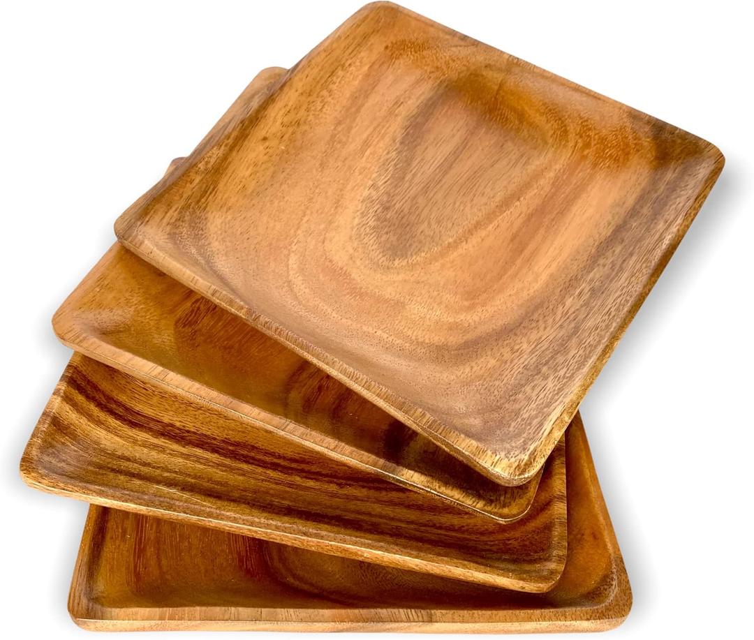 Wooden Plates Set of 4  8 Square Acacia Wood Plates, Rustic Salad, Side Dish, and Dessert Dinnerware for Snacks, Appetizers, or Wooden Chargers (8 x 8 IN)