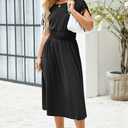 Newshows Womens 2025 Summer Drawstring Cap Sleeve Boat Neck Smocked Casual Vacation Outfits Vestidos Midi Dress (Black, S)