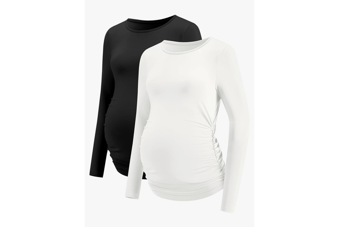 LOMON Maternity Shirts Long Sleeve Thermal Tops Side Ruched Casual Tshirt Crewneck Fleece Base Layer for Pregnant Women Size M