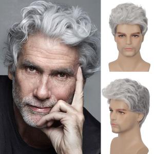 Mens Short Layered Grey Wig Synthetic Heat Resistant Halloween Cosplay Hair Wig,  Grey