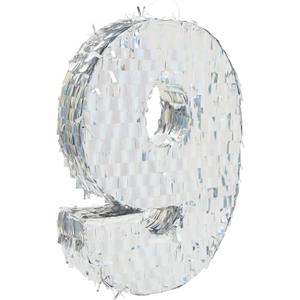 BLUE PANDA Number 9 Pinata - 15.7 x 9 x 3 In, Holographic Silver Foil - 9th Birthday Party Pinata for Kids & Candy Holder