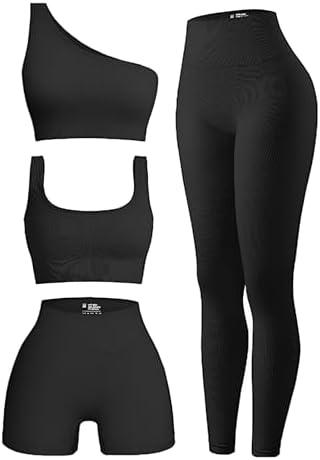 OIERD 4 Piece Workout Sets For Women Ribbed Leggings Clothes Yoga Sets Active Wear Matching Work Out Sets Gym Pilates Outfits M