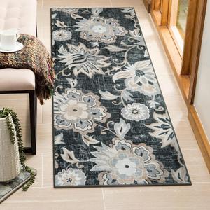 Beeiva Floral Laundry Room Rug, 2x5 Black Ultra Thin Kitchen Rugs and Mats Non Skid Washable, Vintage Front Door Rug Small Bedside Machine Washable Carpet for Entryway Bedroom Kitchen