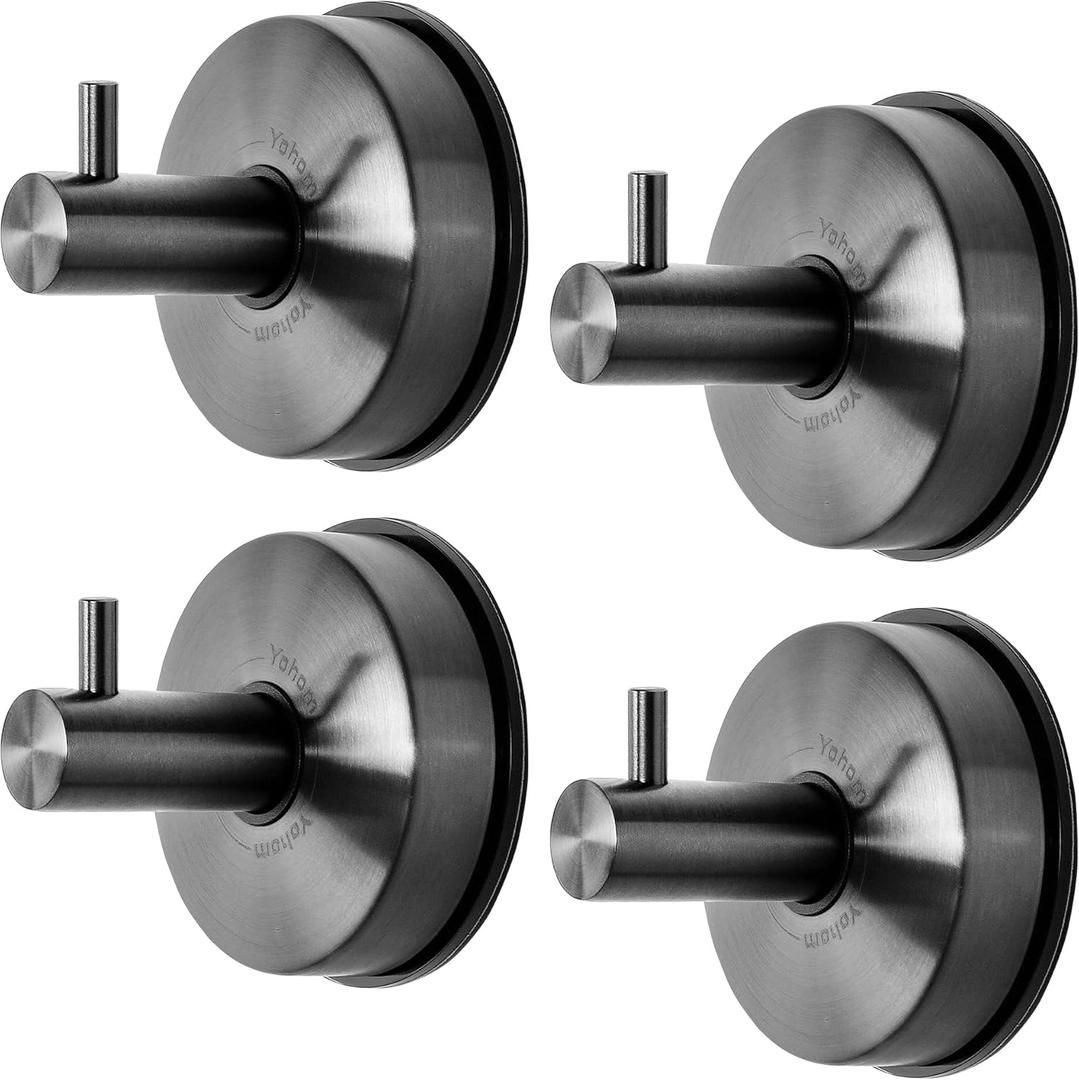 YOHOM Suction Cup Hooks Shower Towel Holder Stainless Steel Vacuum Bathroom Shower Hook Suction Towel Rack Kitchen Organizer for Bathrobe Loofah Washcloth Brushed Black 4 Pcs