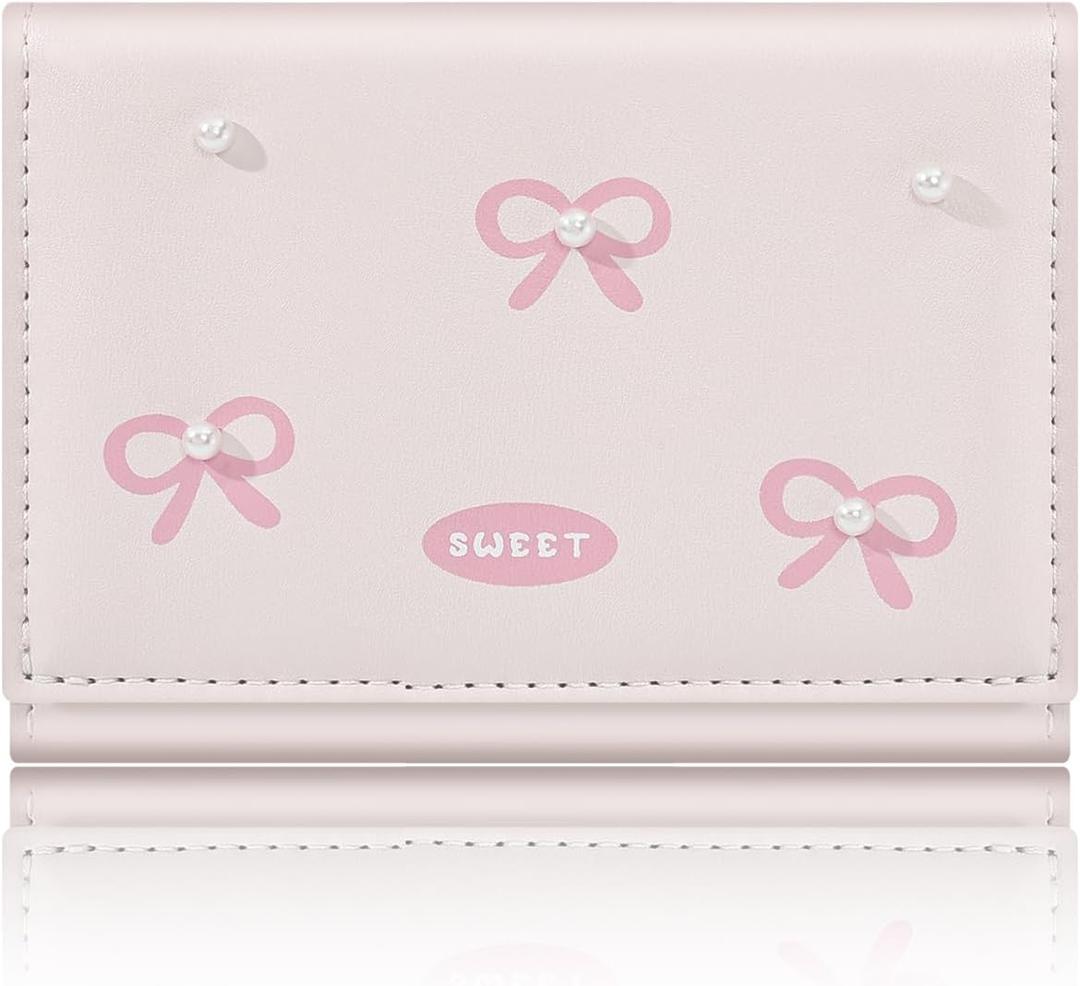 Small Wallets Woman, Cute Tri-fold Coquette Wallet for Women with Bow Design, Compact Credit Card Holder Purse with ID Window for Coin Cash Change (Pink)
