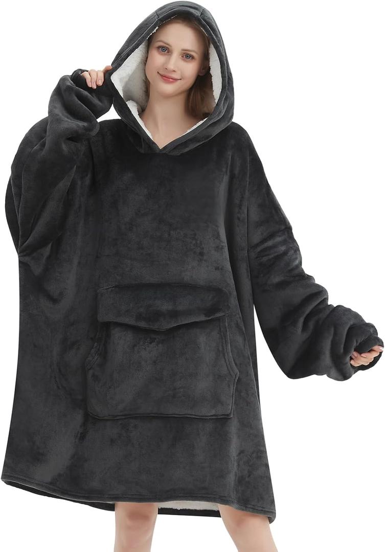 Wearable Blanket Hoodie for Adult,Oversized Sherpa Fleece Blanket Hoodie for Women Men,Grey, One Size