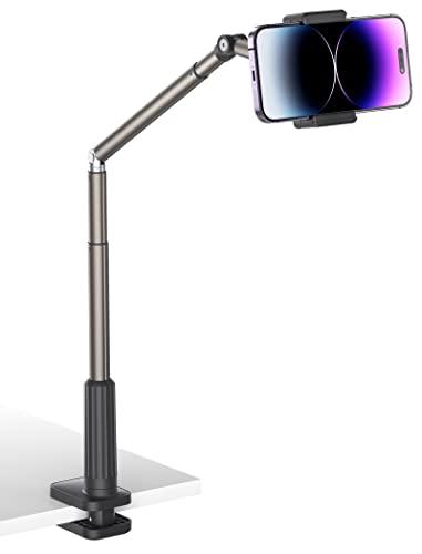 JSAUX Phone Holder for Desk and Bed Compatible with iPhone 16 15 14 13 12 Overhead Phone Mount Gooseneck Phone Stand Flexible 360 Lazy Long Arm Clamp Clip for Table Bedside [1-Pack, Black]