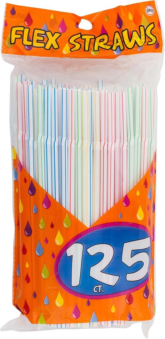 Items 4U! 125 Flex Straws, Stripe, Assorted Colors