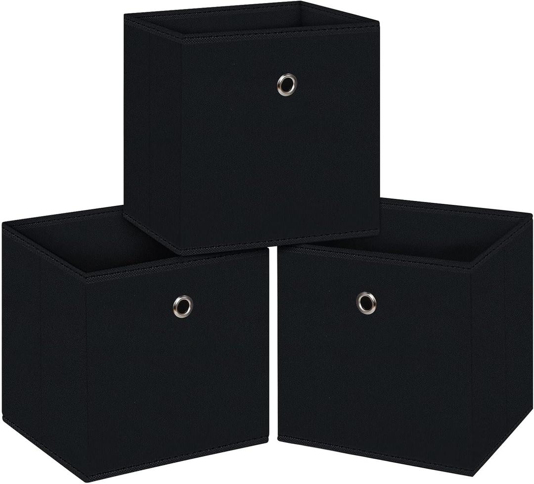 Black Foldable Storage Cubes Bins ,11 Inch Cloth Storage Cube Fabric Storage Box Cubes Organizer Baskets with Handles for Home Organizer Set of 3 (Black)