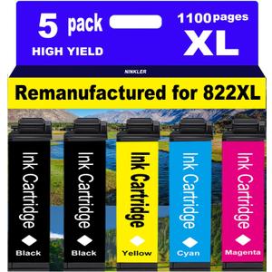 NINKLER for 822XL Remanufactured for Epson 822XL Ink Cartridges for 822 XL T822 Workforce Pro WF-3820 WF-3823 WF-4820 WF-4830 WF-4833 WF-4834 Printer 5 Pack 2 Black 1 Cyan 1 Magenta 1 Yellow