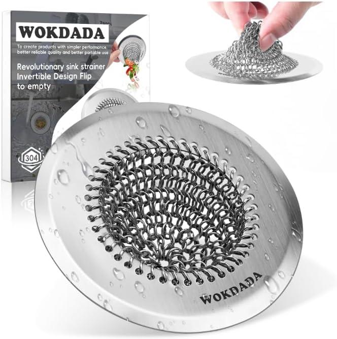 Sink Drain Strainer, Reversible Chain Mesh Sink Strainer with 304 Stainless Steel, Revolutionary Anti-Rust Large Easy Clean Kitchen Sink Food Catcher for Garbage Disposal Without Clogging