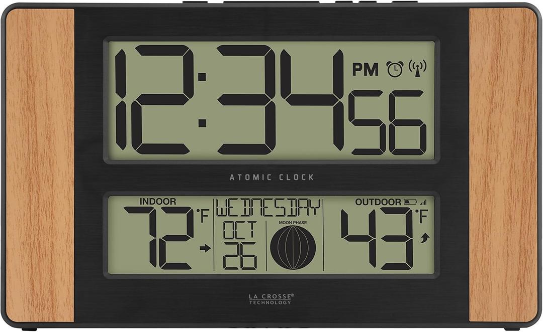 La Crosse Technology Atomic Digital Clock with Outdoor Temperature, Wood Oak, 0