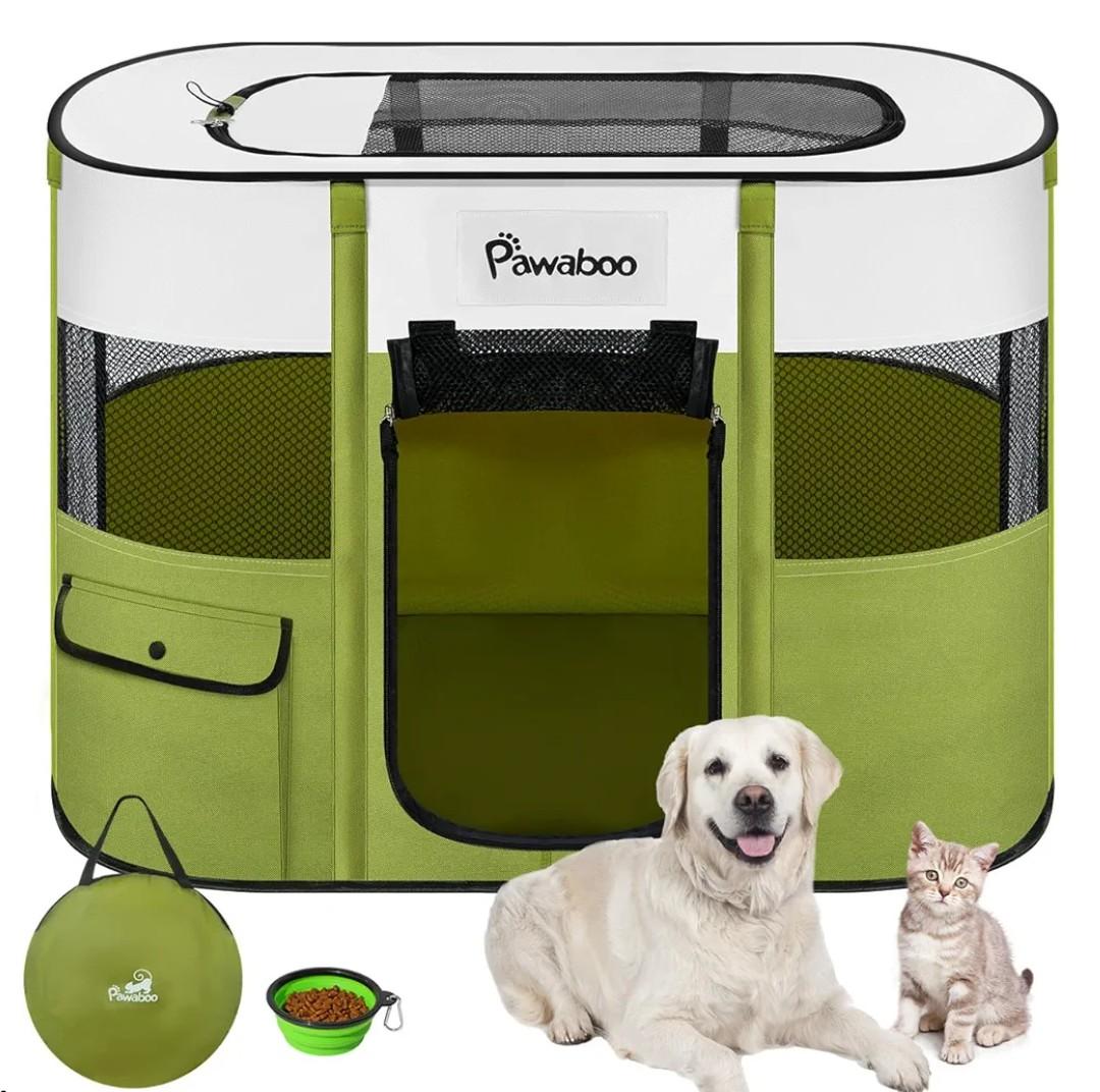 Pawaboy (236)Portable Pet Hutch Foldable Dog Play Pen with Waterproof Oxford, Cat Pen with Travel Bag, Foldable Bowl, Indoor Outdoor Use for Puppies, Cats, Rabbits, Green, L