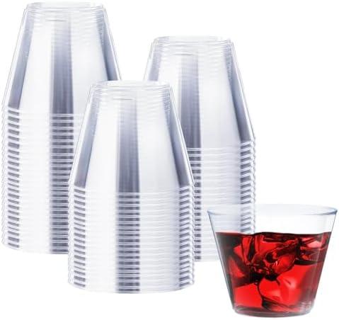 Clawsoff 9 oz Clear Plastic Cups, 100 Pack Disposable Fancy Cup for Wedding, Cocktail Cups 9 Ounce, Bulk Clear Plastic Tumblers for Iced Coffee, Cold Beverage