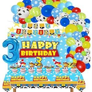 Cartoon Story 3rd Birthday Party Supplies Blue Clouds Backdrop Balloons Tablecloth Cupcake Toppers Banner Cartoon Story Birthday Decorations for Boys 3rd Bday