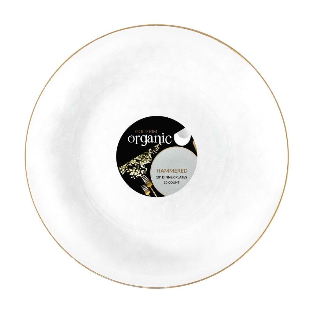 Organic Hammered White Transparent Gold Rim Plates, 10-Inch, Case of 120 (12 packs x 10)