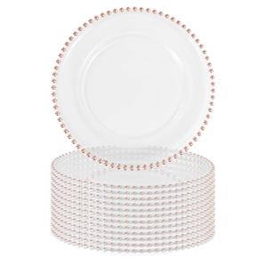 FXKS 24 PCS Clear Round Charger Plates with Beaded Rim, 13 Inch Plastic Acrylic Plate, Plastic Round Beaded Dinner Decorative Service Plates for Wedding Party Event, Home Kitchen Tabletop(Pink)