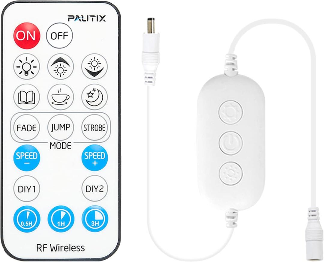 PAUTIX RF Remote Dimmer for Single Color LED Strip Lights,18-Key Wireless Remote and in-line Controller DC 5-24V for 3528/2835/5050/COB LED Tape Lights,Timer Function
