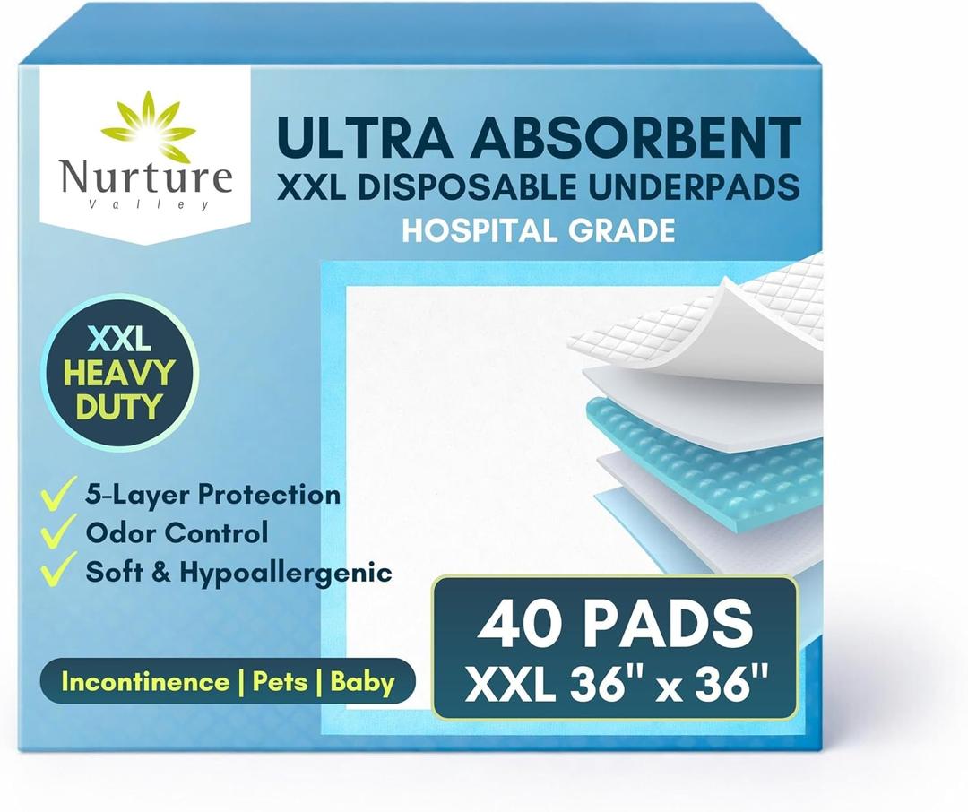 40 XL 36 x 36 Heavy Duty Ultra Absorbent Bed Pads w/ Adhesive by Nurture | Disposable Chux Liners, Underpads, Adult Incontinence Hospital Grade Chucks