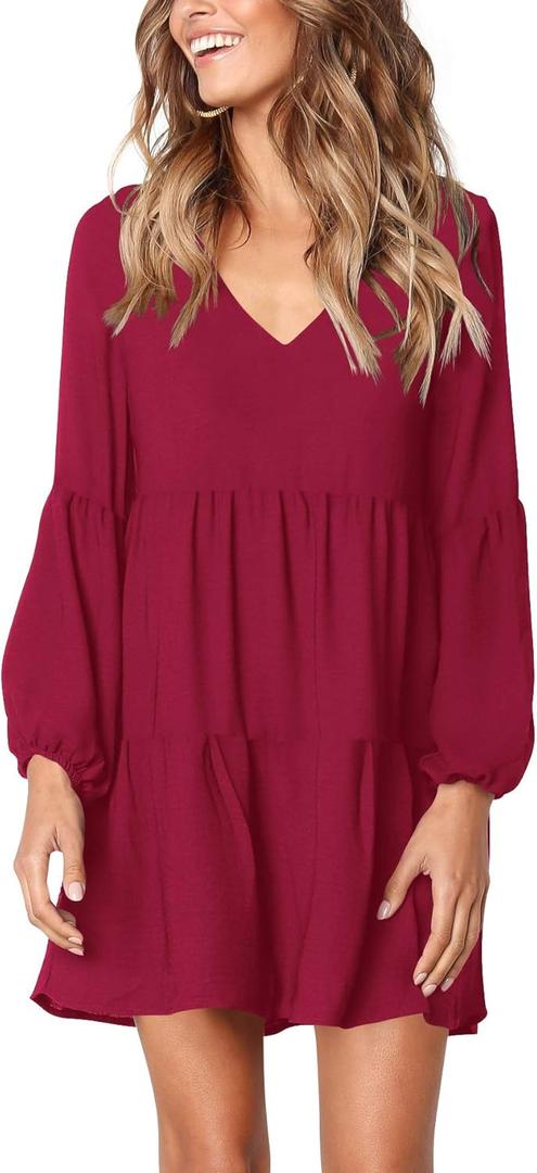Amoretu Womens Tunic Dress Long Sleeve V Neck Casual Loose Flowy Swing Shift Dresses (Small, Burgundy)