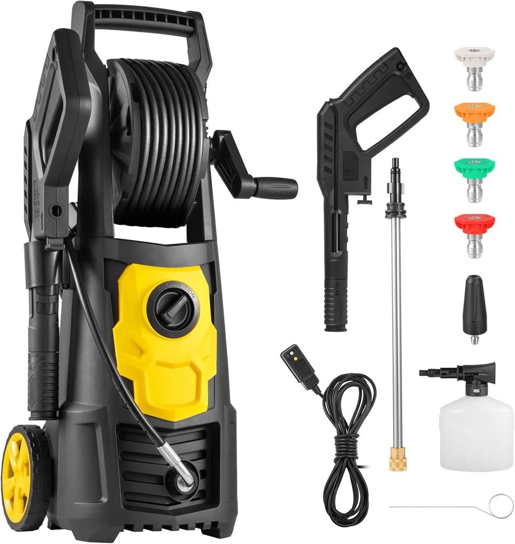 Happybuy Electric Pressure Washer - 2000 PSI, Up to 1.65 GPM. Comes with 30 ft Hose & Reel, 5 Quick Connect Nozzles, Foam Cannon. Portable for Cleaning Patios, Cars, Fences, Driveways. ETL Listed.
