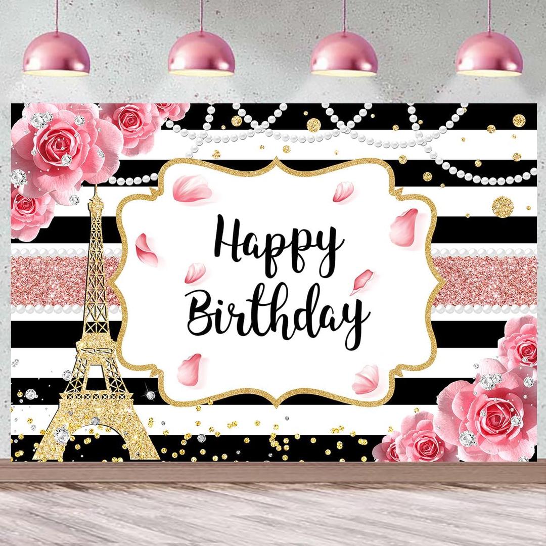 InMemory Pink Floral Happy Birthday Backdrop for Women Black White Stripe Rose Flowers Paris Effel Tower Pearls Photography Background Cake Table Banner Wall Decor Photo Shoot Studio Props 7x5ft