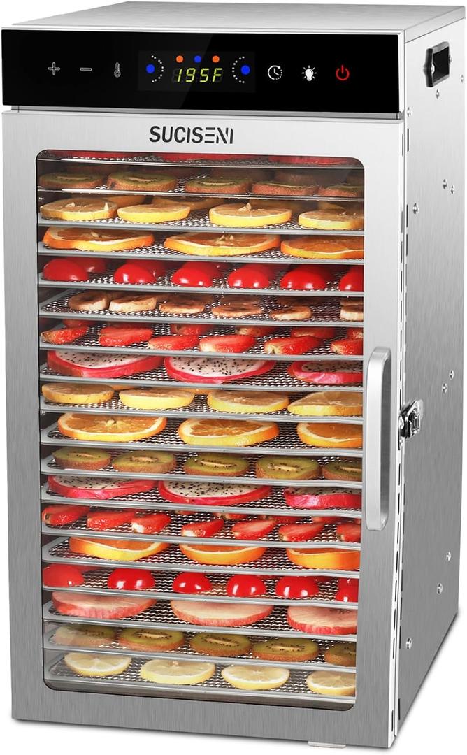 SUCISENI Food Dehydrator Machine 1000W 18 Trays Stainless Steel Food Dehydrated Dryer with 24H Timer Touch-Control LED Display, Compact Size for Home Jerky Herbs Meat Beef Fruit Vegetables