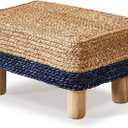 Wimarsbon Natural Seagrass Footstool Ottoman Rectangular Footrest Pouf Ottomans with Wooden Legs Hand Weave Step Stool for Living Room Bedroom Entryway Blue