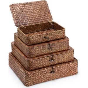 Didaey Set of 4, Seagrass Basket with Lid Wicker Storage Basket Decorative Storage Boxes with Lids Flat Storage Bins Woven Organizer Baskets for Shelf Closet Bedroom, 4 Sizes (Dark Brown)