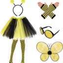 6Pcs Bee Costume Accessories Set Bee Costume Set Tutus Skirt Bee Wings Headband Glasses Striped Long Socks for Women Cosplay Party (Yellow)
