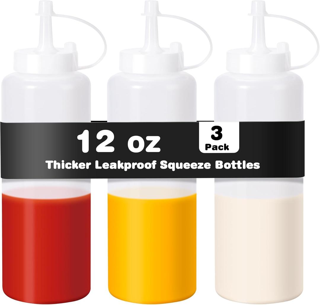 Rainspire 3-Pack 12oz Upgraded Thickened Durable Leak-Proof Condiment Squeeze Bottles for Sauces/Oil/Arts and Crafts, Dishwasher Safe, White