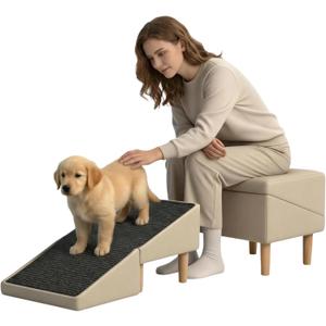 Split Ottoman Dog Ramp Flip - Foldable Dog Ramp Ottoman Stool for Bed & Couch, Indoor Orthopedic Pet Ramp with Wooden Base Support for Small & Medium Dogs, Dachshund & Puppy Safety Ramp, Gray