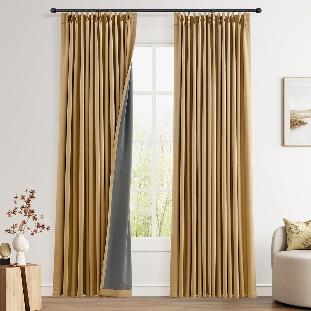 Camel Brown Pinch Pleated 100% Blackout Linen Curtains 2 Panels Linen Blend Room Darkening Curtains 84 Inch for Living Room Bedroom Thermal Insulated Pinch Pleat Drapes with Hooks Rings Clips 7ft