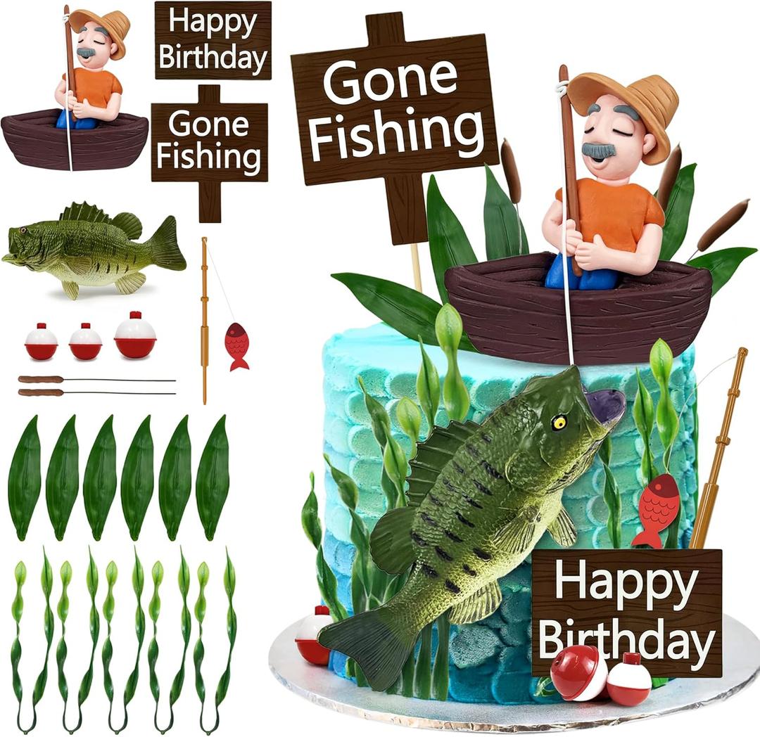 21 PCS Gone Fishing Cake Toppers Fisherman Fish Cake Decoration for Gone Fishing Themed Party Supplies Decor