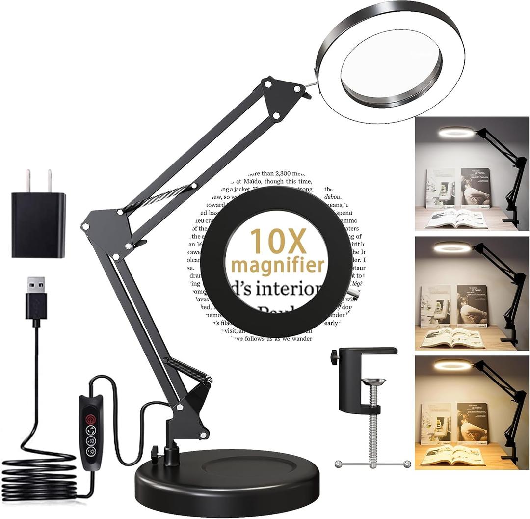 Magnifying Glass with Light and Stand, 10X Magnifying Lamp, 2-in-1 LED Lighted Desk Magnifier with Light, Craft Light Lamp with 3 Color Modes for Close Work Reading Repair Crafts