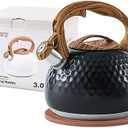 GGC Tea Kettle for Stove Top, Loud Whistling Kettle for Boiling Water Coffee or Milk, 3.1 Quart 3L Heavy Stainless Steel Black Kettle with Wood Pattern Handle, Unique Button Control Kettle Outlet 