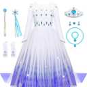 Girls Princess Costumes Snow Queen Princess Dresses Fancy Dress Up Clothes for Halloween Snow Party Cosplay, White 140