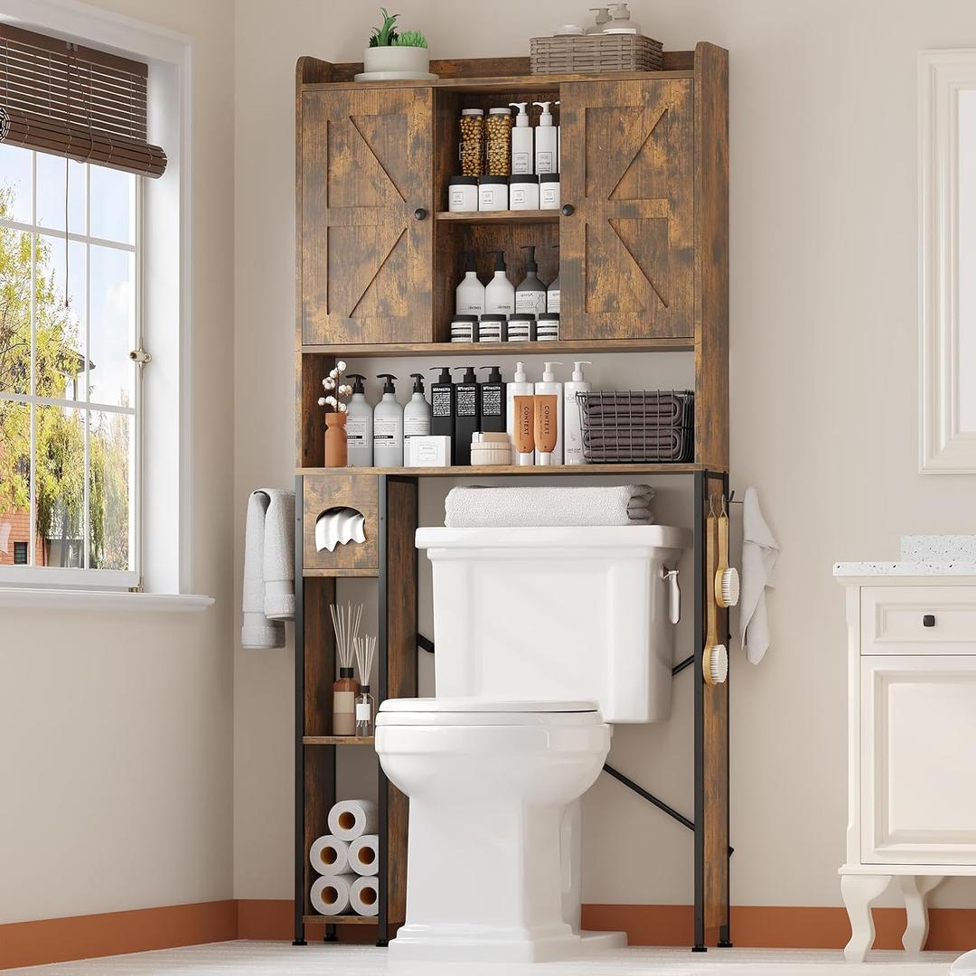 32"W Over The Toilet Storage Cabinet with Metal Frame and 7 Storage Shelves, Bathroom Organizer with Adjustable Shelves and Paper Holder, Farmhouse Storage Cabinet for Bathroom, Laundry, Rustic Brown