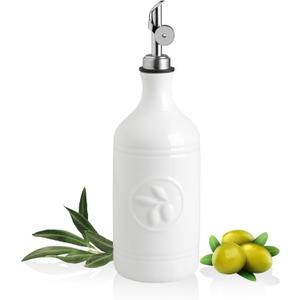 Sweejar 16 Oz Ceramic Olive Oil Dispenser Bottle, Oil Dispenser for Kitchen with Gravity Spout, Relief Opaque Oil Container for Evoo, Avocado Oil, Vinegar, Soy Sauce, 1 Pack(White, Silver Spout)