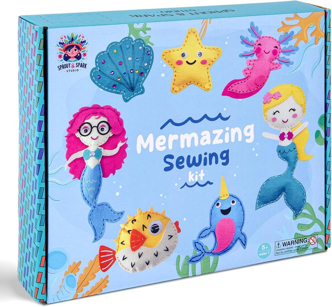 SPROUT & SPARK STUDIO Sewing Kit for Kids Ages 5+ | Crafts Toys for Girls with 7 Easy Felt Projects | Beginner Crochet & Knitting Starter Set | Mermaid Stuffed Dolls, Play & Learn DIY Art