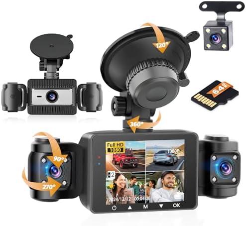 Hikity 4 Channel Dash Cam for car, 360° View Front and Rear Inside 1080P Camera with 64G Card, Night Version, Loop Recording, G-Sensor, 24H Parking Monitor