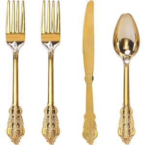 WDF 200 Pieces Gold Plastic Silverware Disposable - 50 Guests Heavy Duty Thanksgiving Gold Plastic Cutlery - Disposable Utensils Includes 100 Forks, 50 Spoons, 50 Knives Perfect for Party/Weeding
