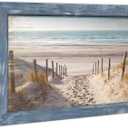 Framed Beach Road Wall Art: Modern Coastal Sea Level Painting Wood Decor Rustic Blue Ocean Artwork Calming Seascape Nature Picture Contemporary Sandy Seaside Prints for Bedroom Bathroom Living Room (24"L x 16"W, Beige)